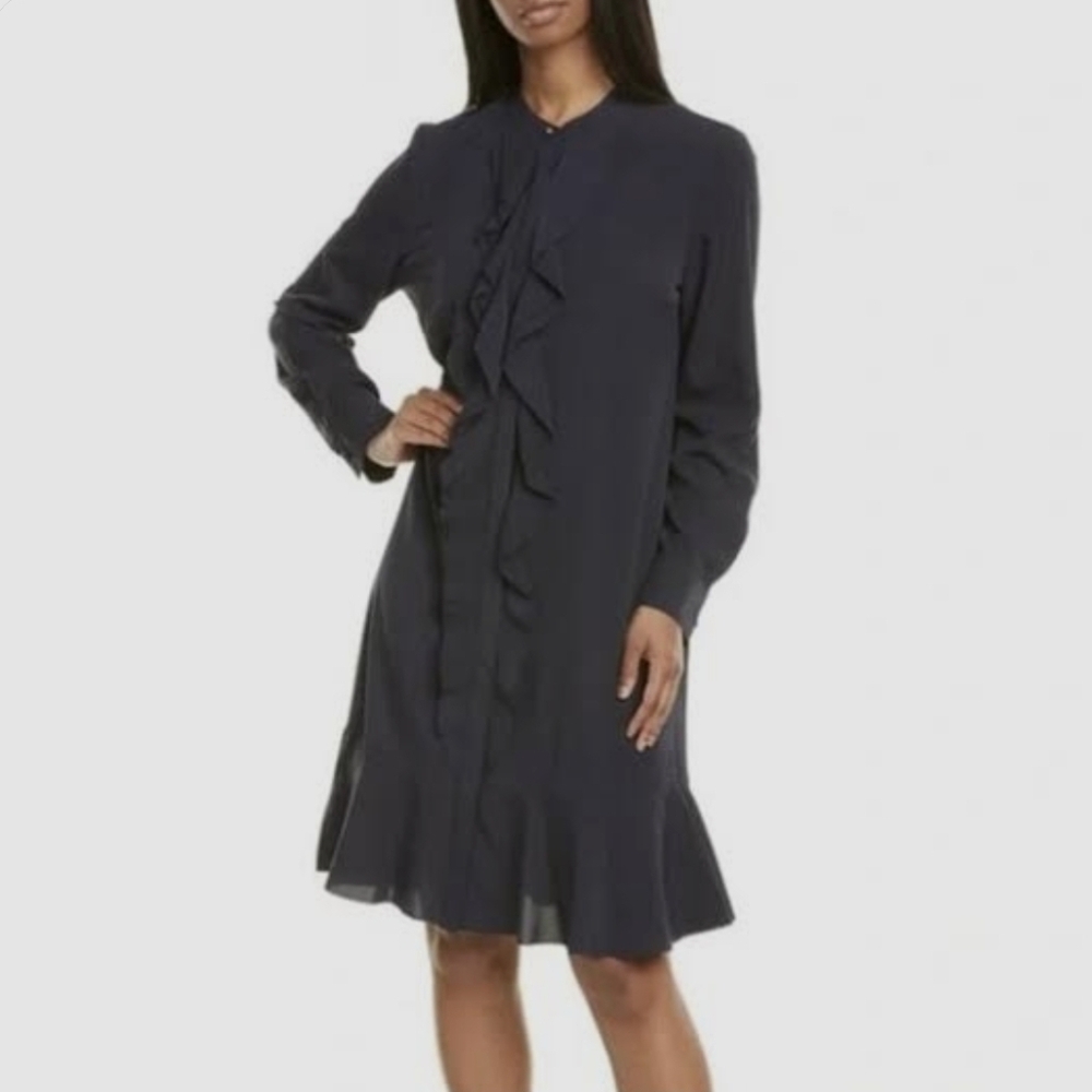 Tory Burch Jane Dress Navy Blue Long Sleeves Ruffled Shirt dress Size 8